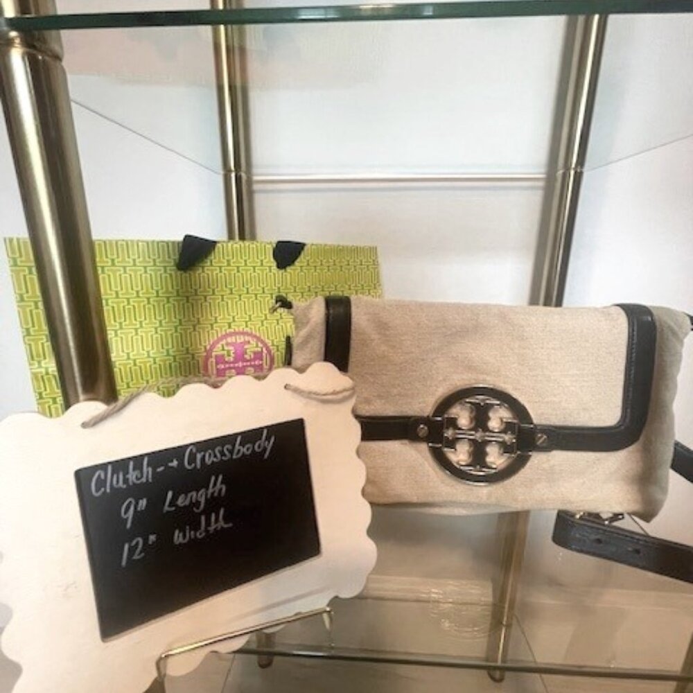 Tory Burch Clutch Messenger Linen/Canvas BAG *AUTHENTIC*